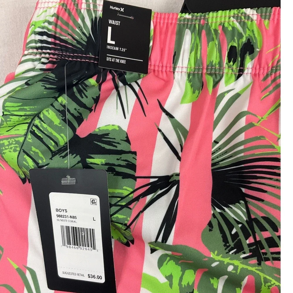 Hurley Boys Pink Tropical Stripe 4-Way‎ Stretch Swim Trunks Board Shorts Large L